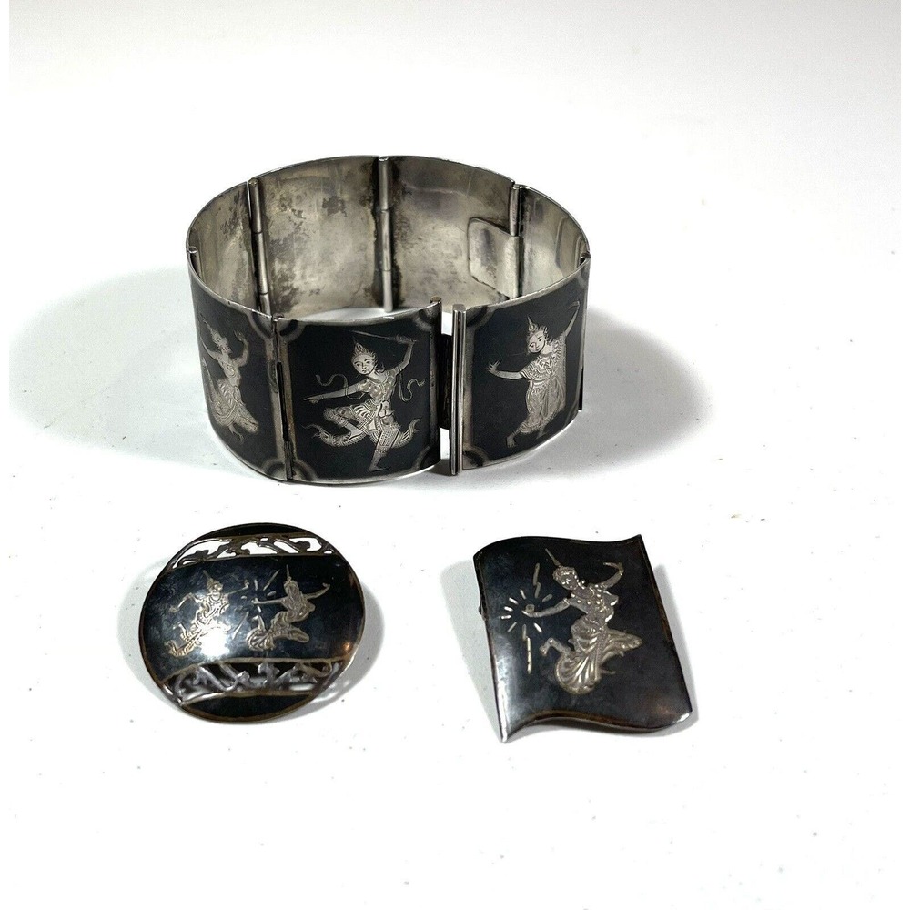 Lot Of 3 Vintage Siam Sterling Silver Brooches & Cuff Bracelet Made In Thailand